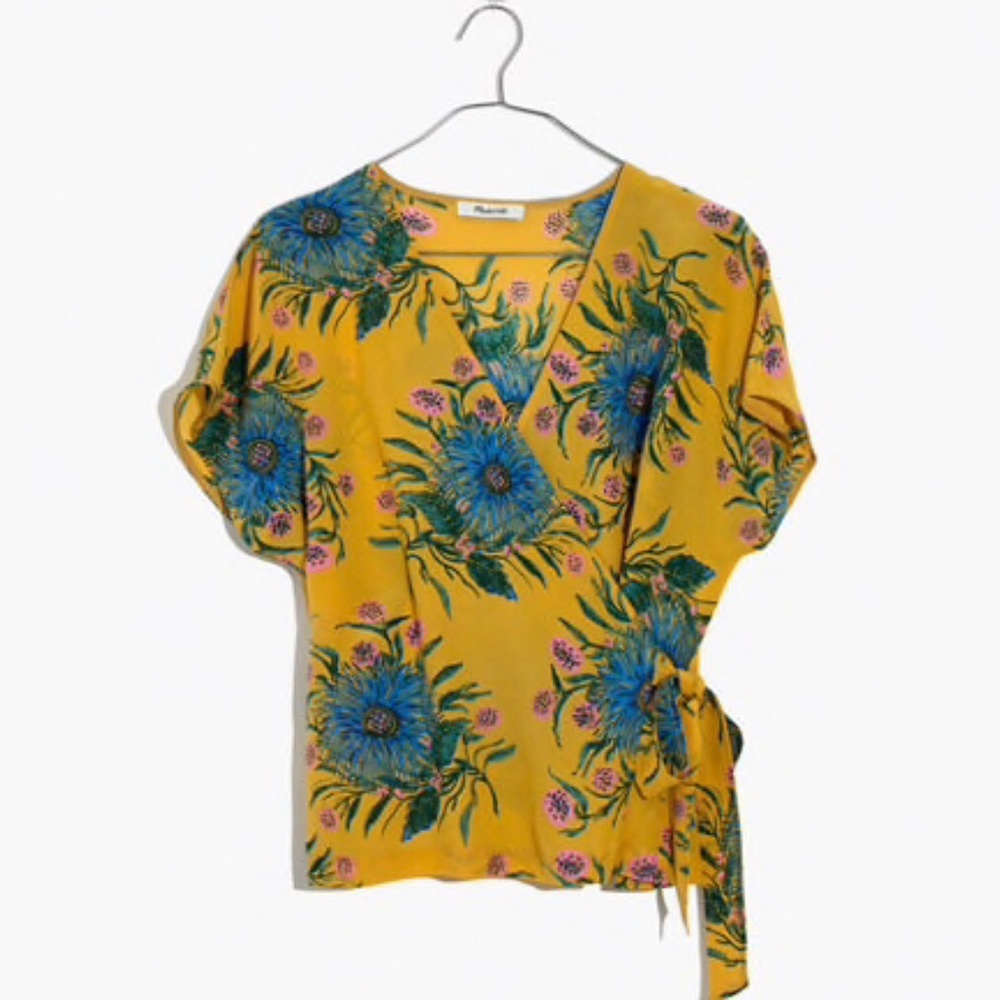 Madewell yellow floral silk kimono wrap top